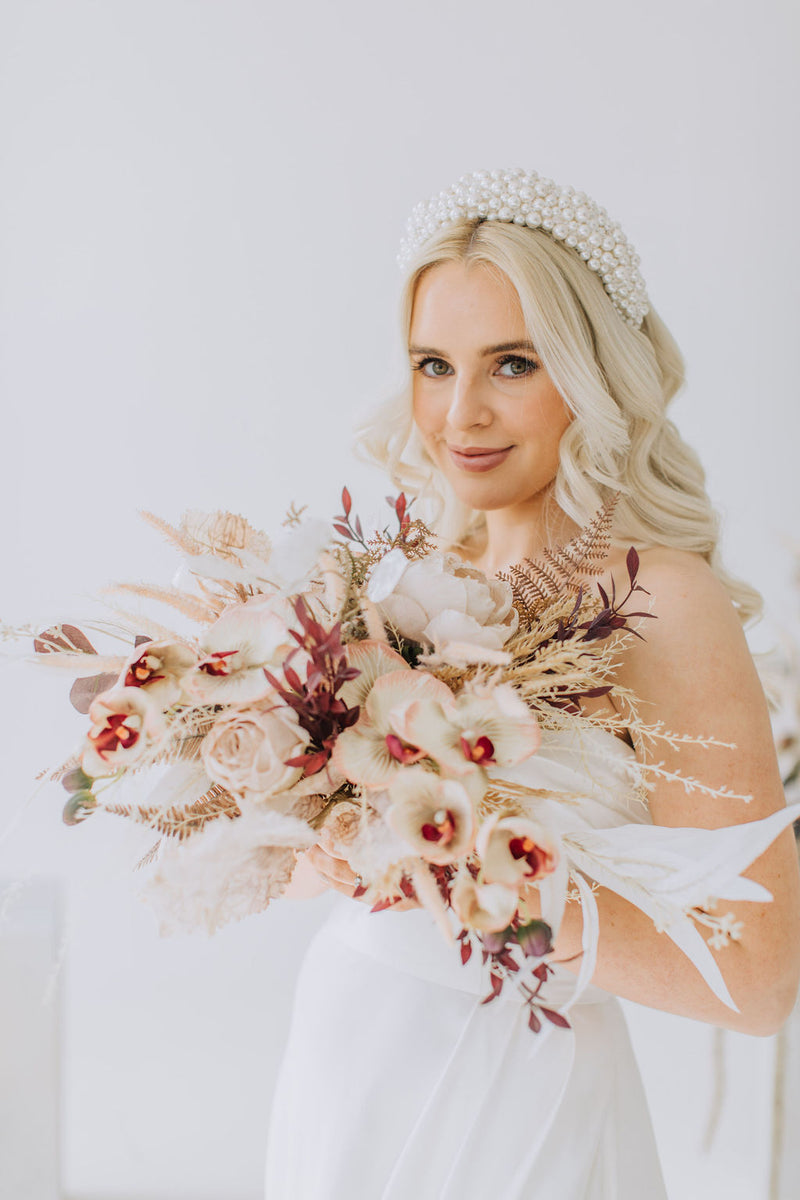 Model Bethany holding luxury faux bridal bouquet by Innocent Chaos 