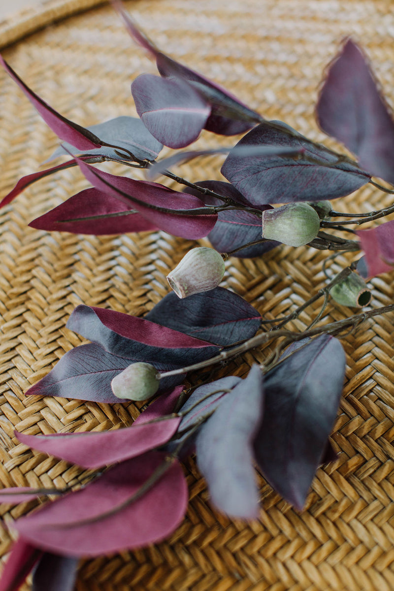 Faux burgundy eucalyptus spray with seeds 80cm tall