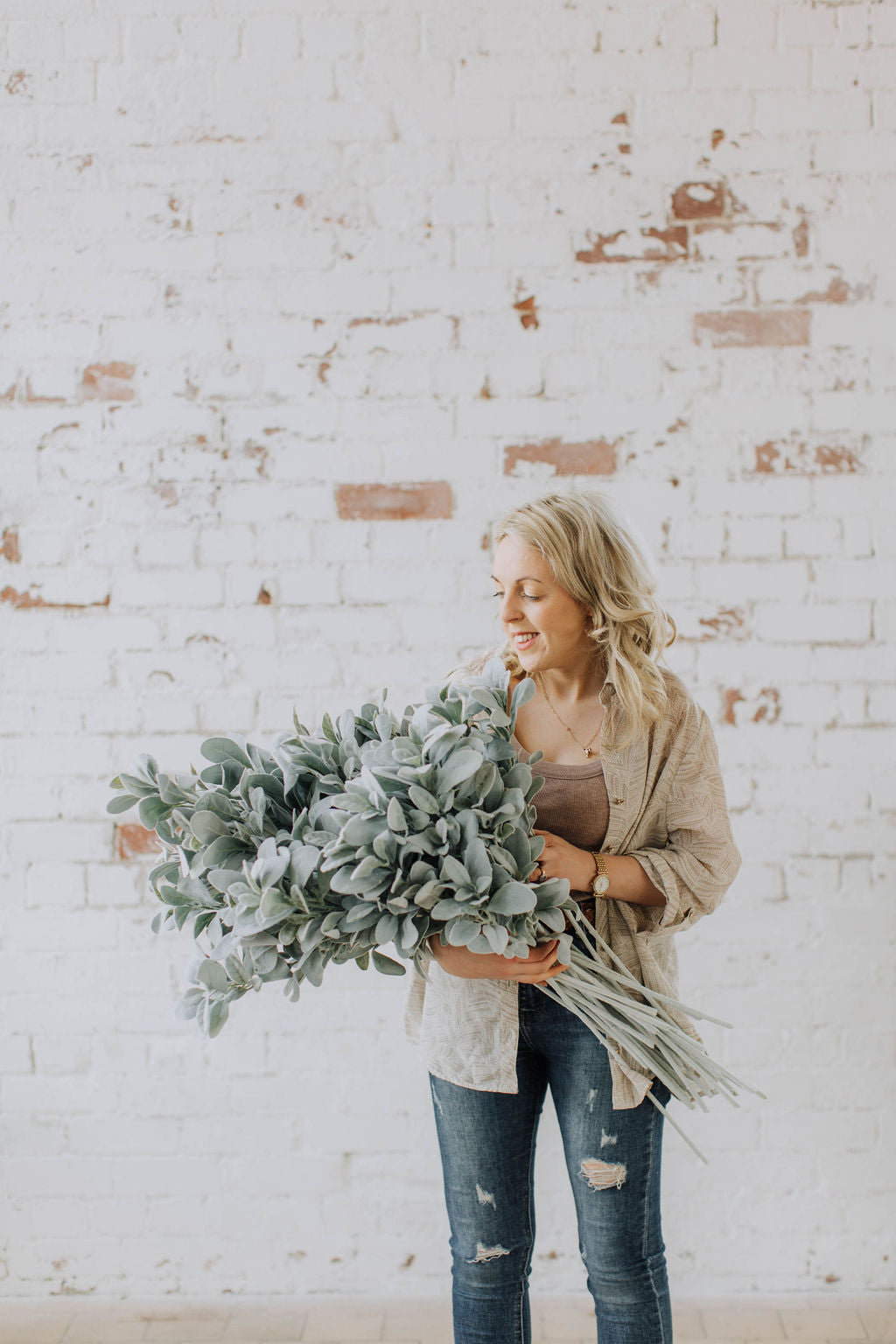Natural look flocked lambs ear spray, luxury faux eucalyptus 72cm