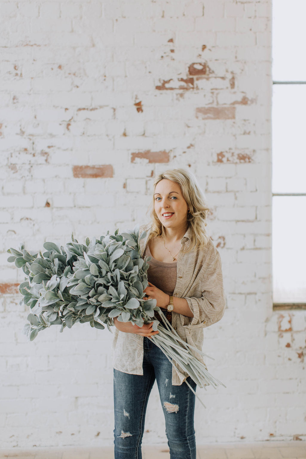Natural look flocked lambs ear spray, luxury faux eucalyptus 72cm