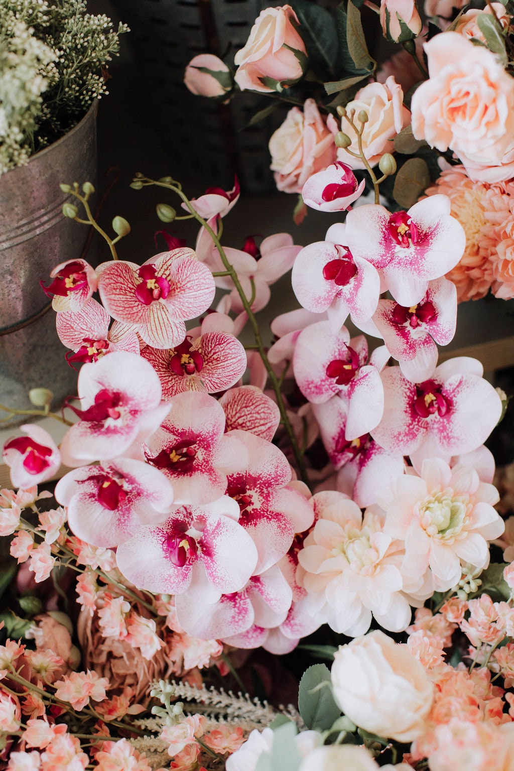 Pink orchid stem with spots, artificial orchid flower stem