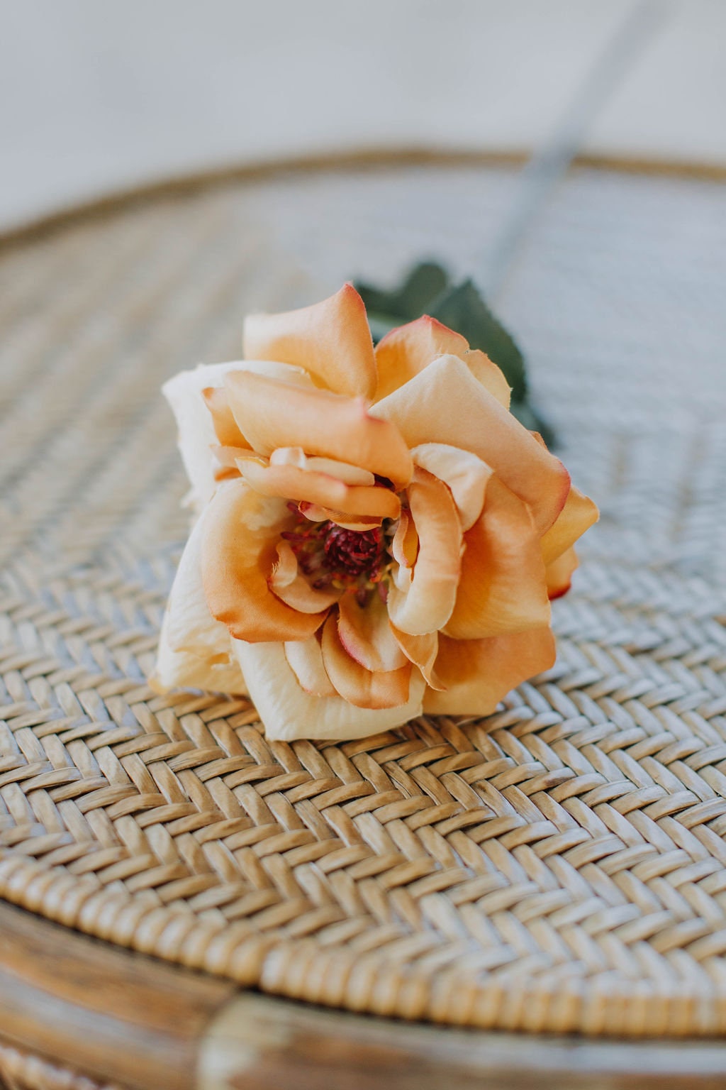 Artificial shimmer effect open garden rose in a brown gold shade 62cm x 13cm head