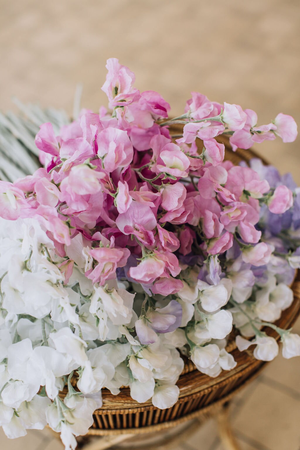 Mixed Color Sweet Pea Stems - Set of 6 Artificial Flowers in Pink, Purple, and White