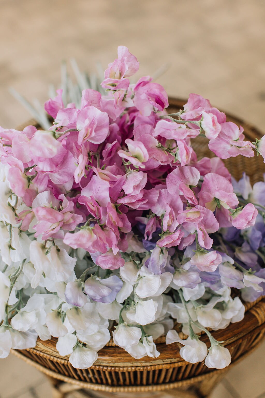 Mixed Color Sweet Pea Stems - Set of 6 Artificial Flowers in Pink, Purple, and White