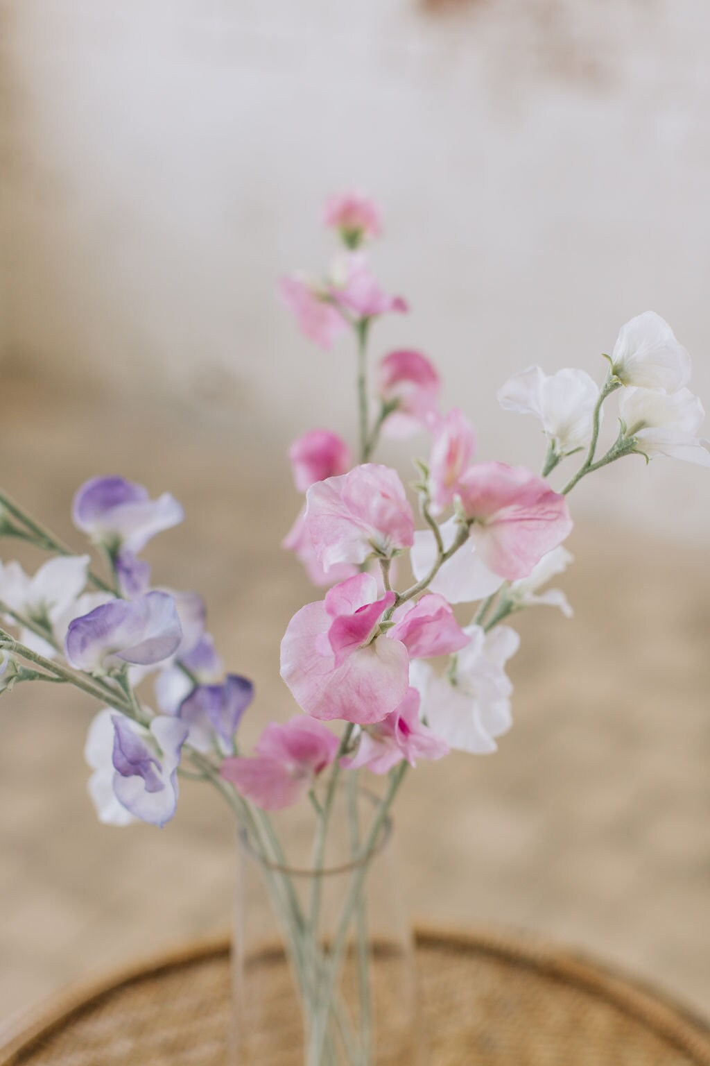 Mixed Color Sweet Pea Stems - Set of 6 Artificial Flowers in Pink, Purple, and White