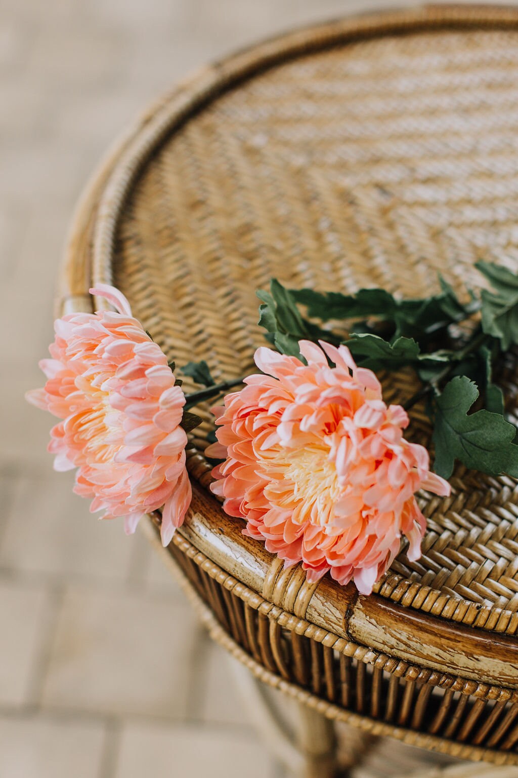 Artificial Dahlia Stem - Bright Coral with Soft Yellow and Pink Centre | 50cm