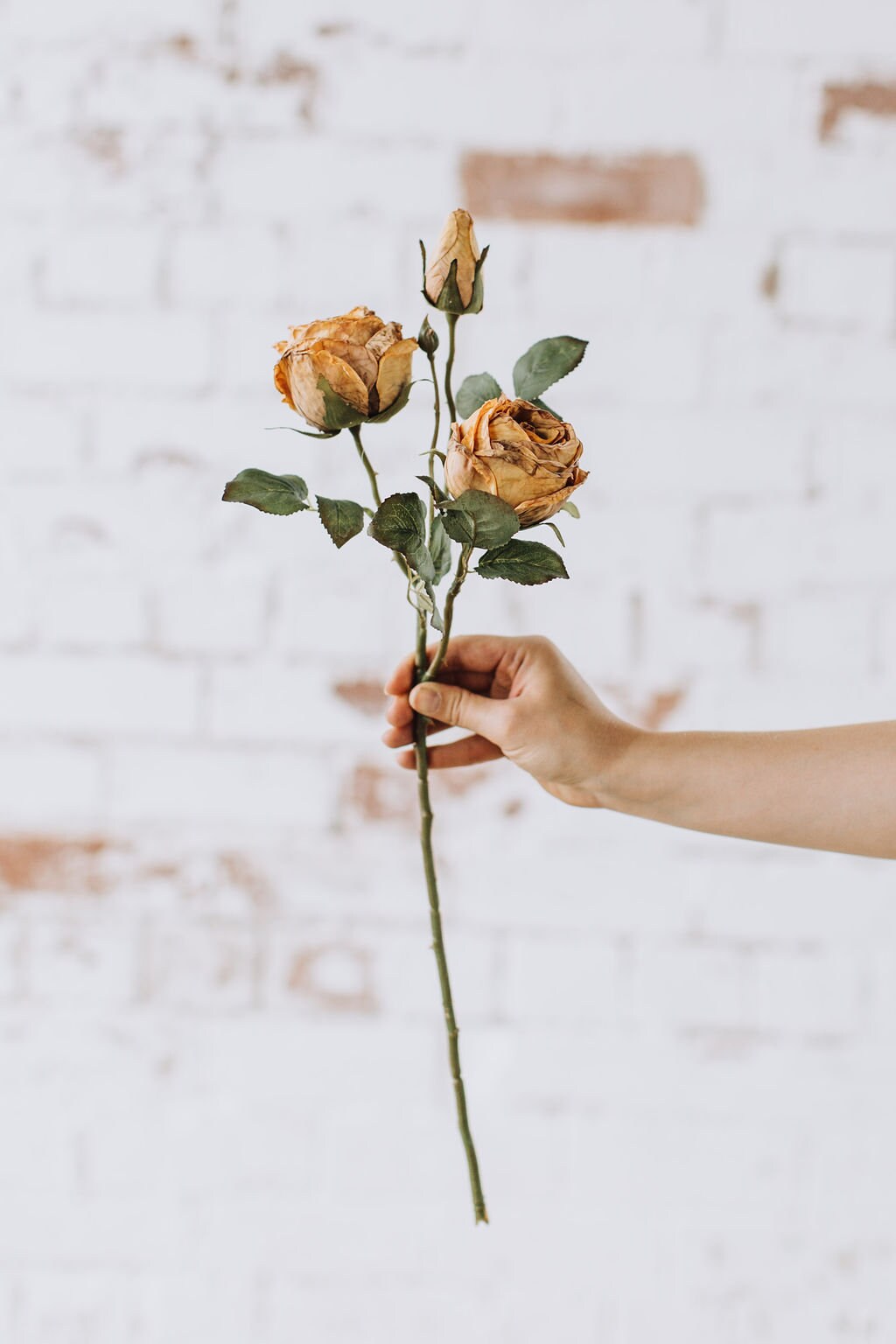 Dry look honey rose spray, single stem faux rose in dirty yellow colour