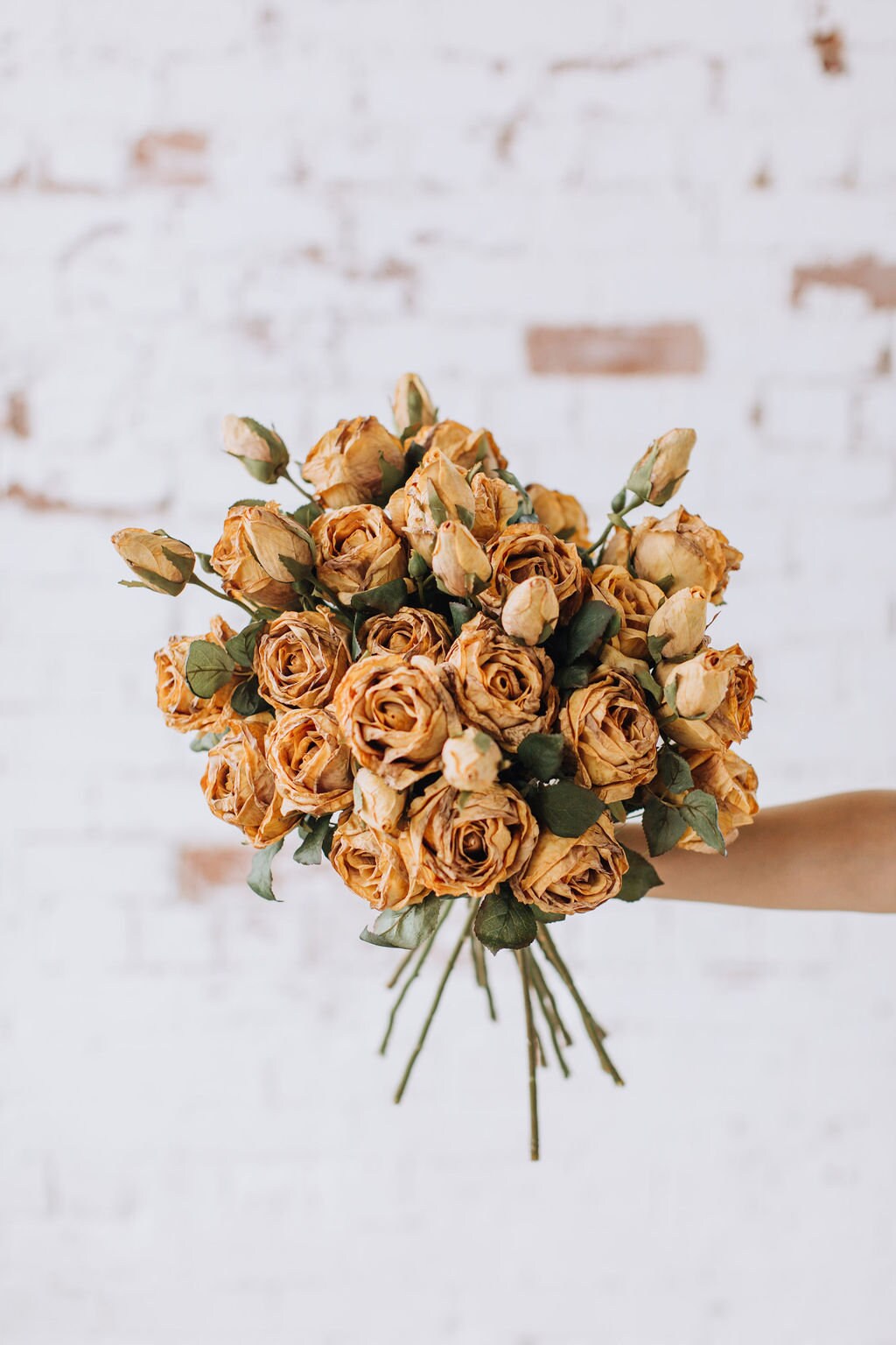Dry look honey rose spray, single stem faux rose in dirty yellow colour