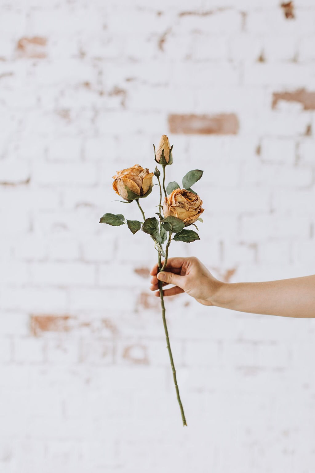 Dry look honey rose spray, single stem faux rose in dirty yellow colour
