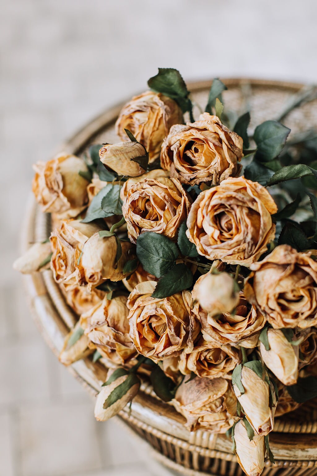 Dry look honey rose spray, single stem faux rose in dirty yellow colour