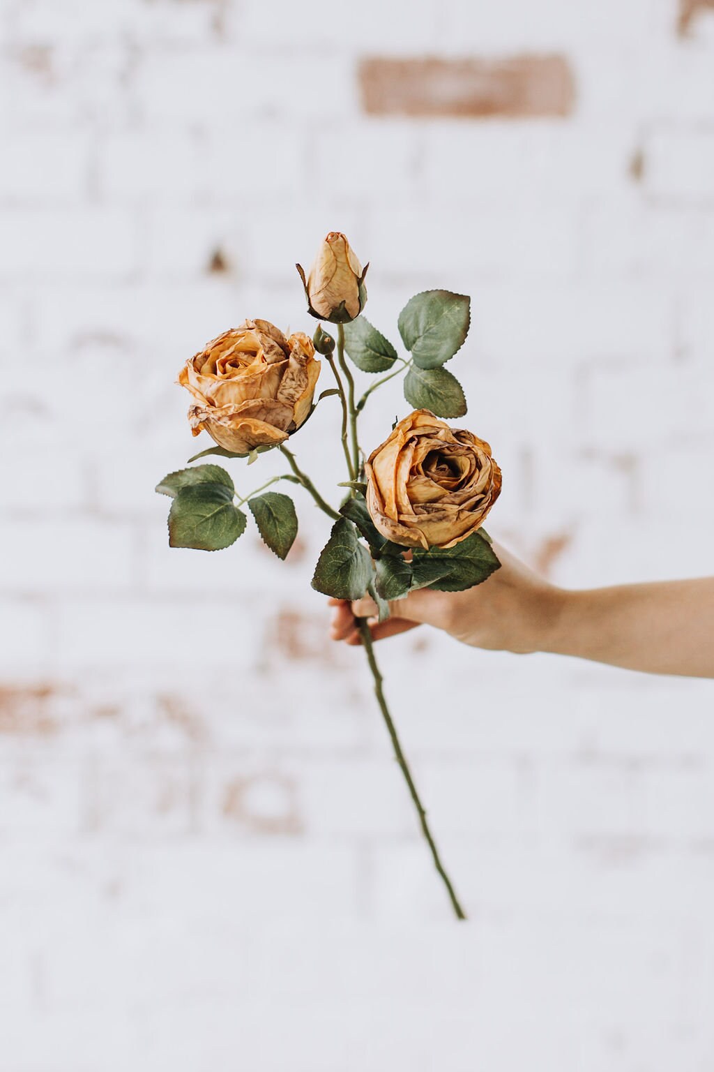 Dry look honey rose spray, single stem faux rose in dirty yellow colour