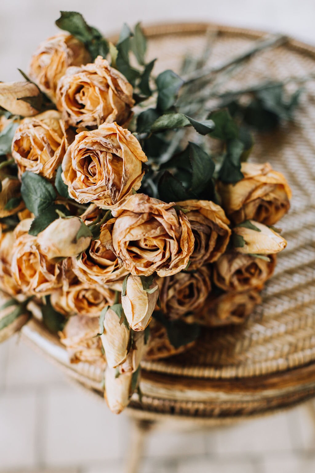 Dry look honey rose spray, single stem faux rose in dirty yellow colour