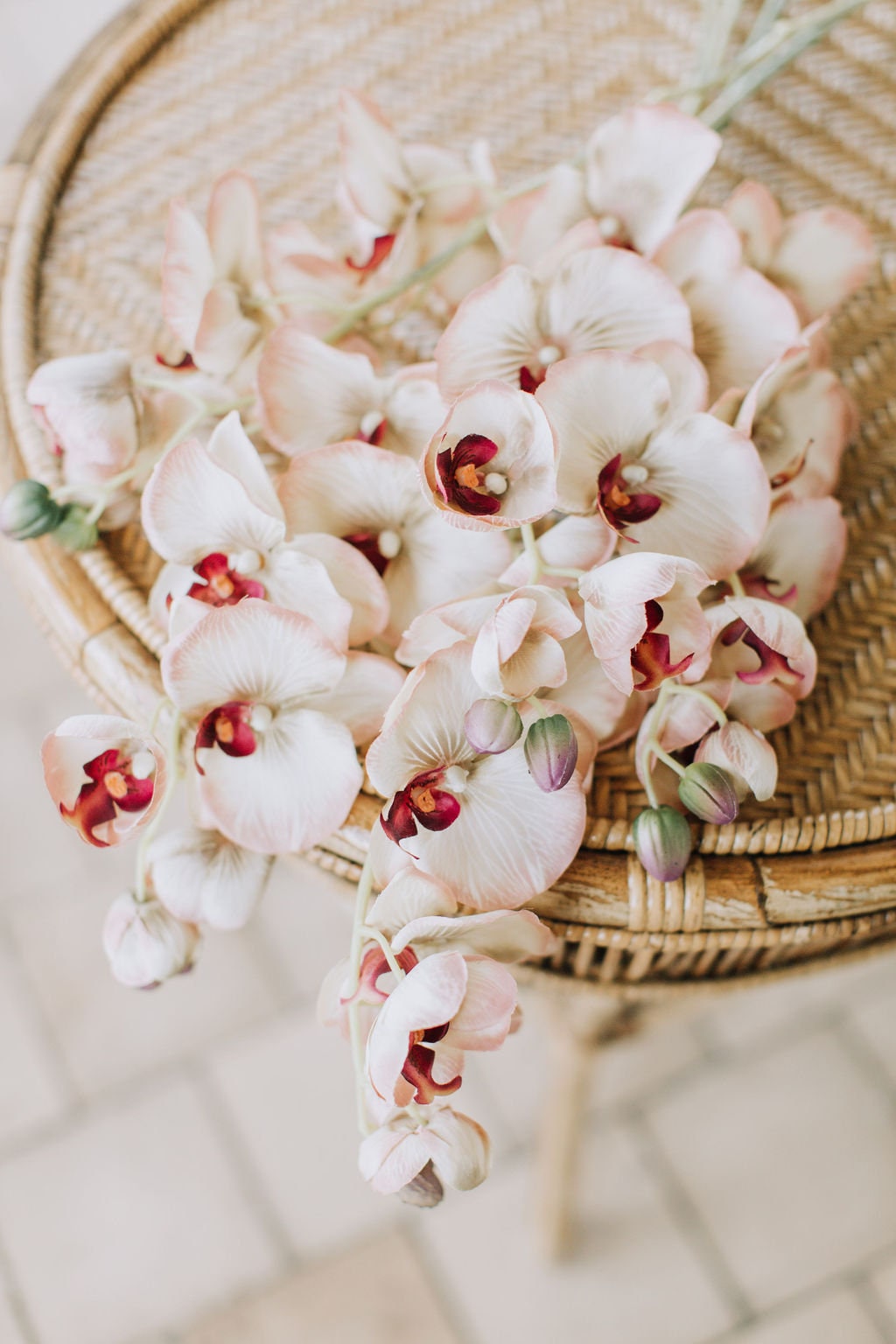 Modern look faux orchid stem in biege and pink.  55cm single orchid stem.