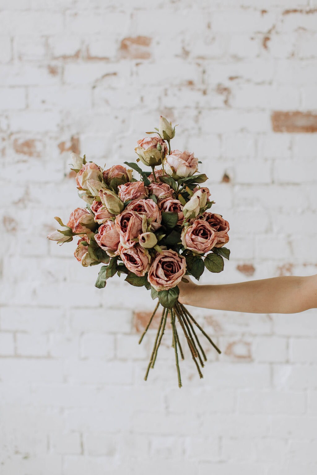 Dry look pink rose spray, single stem faux blush rose