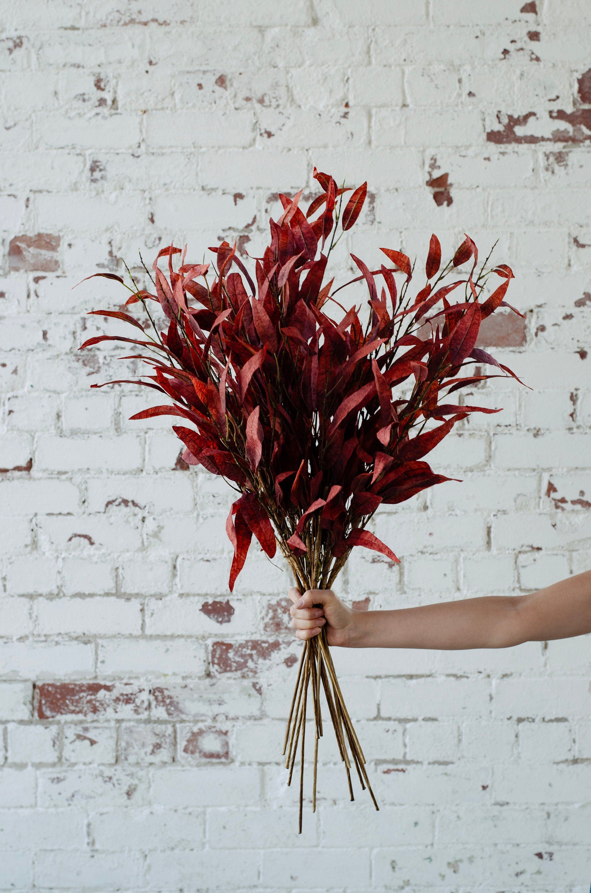 Faux fiery orange red eucalyptus spray single stem 70cm tall