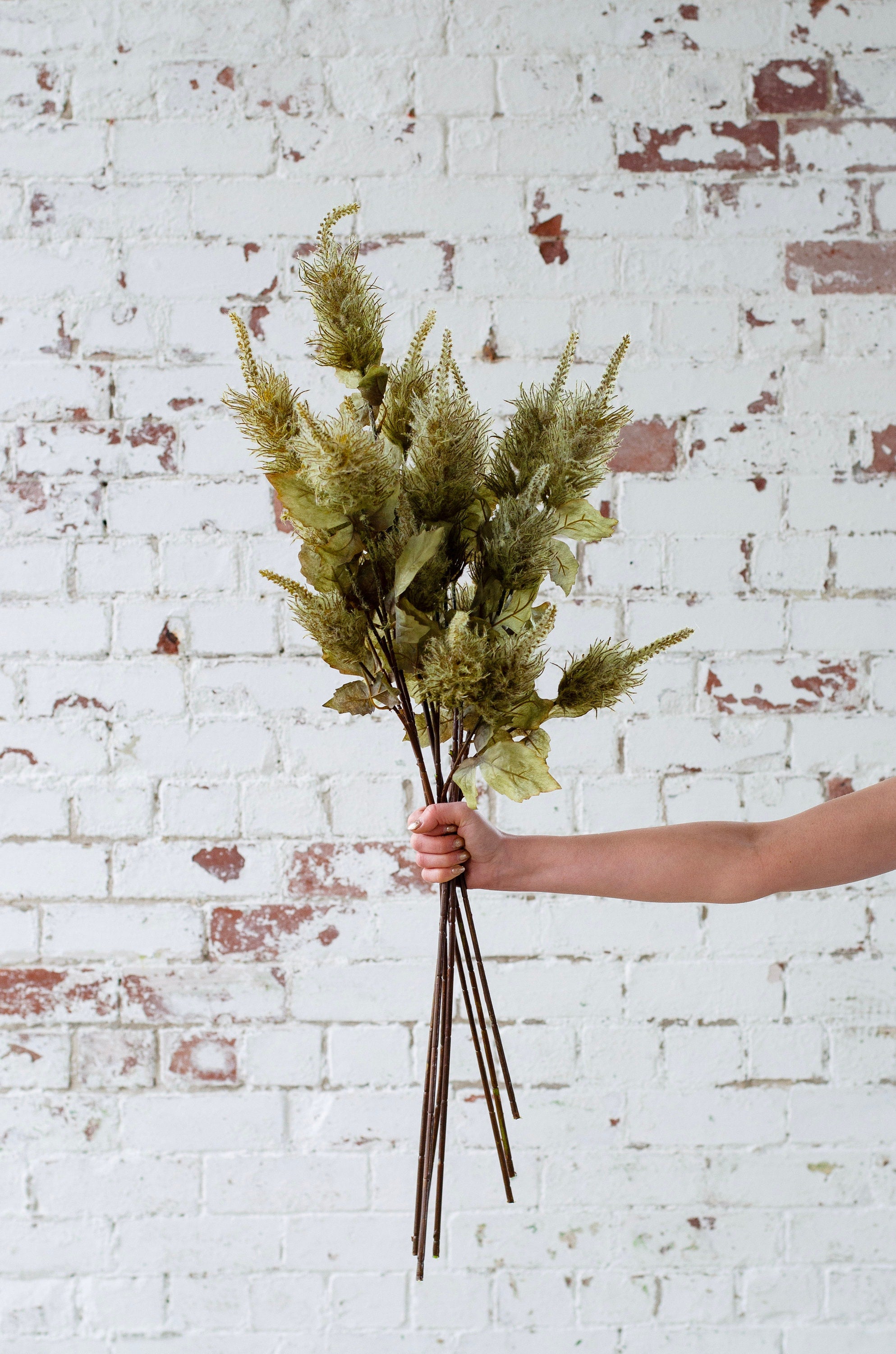 Faux Alexis grass spray in green, green fluffy artificial flowers