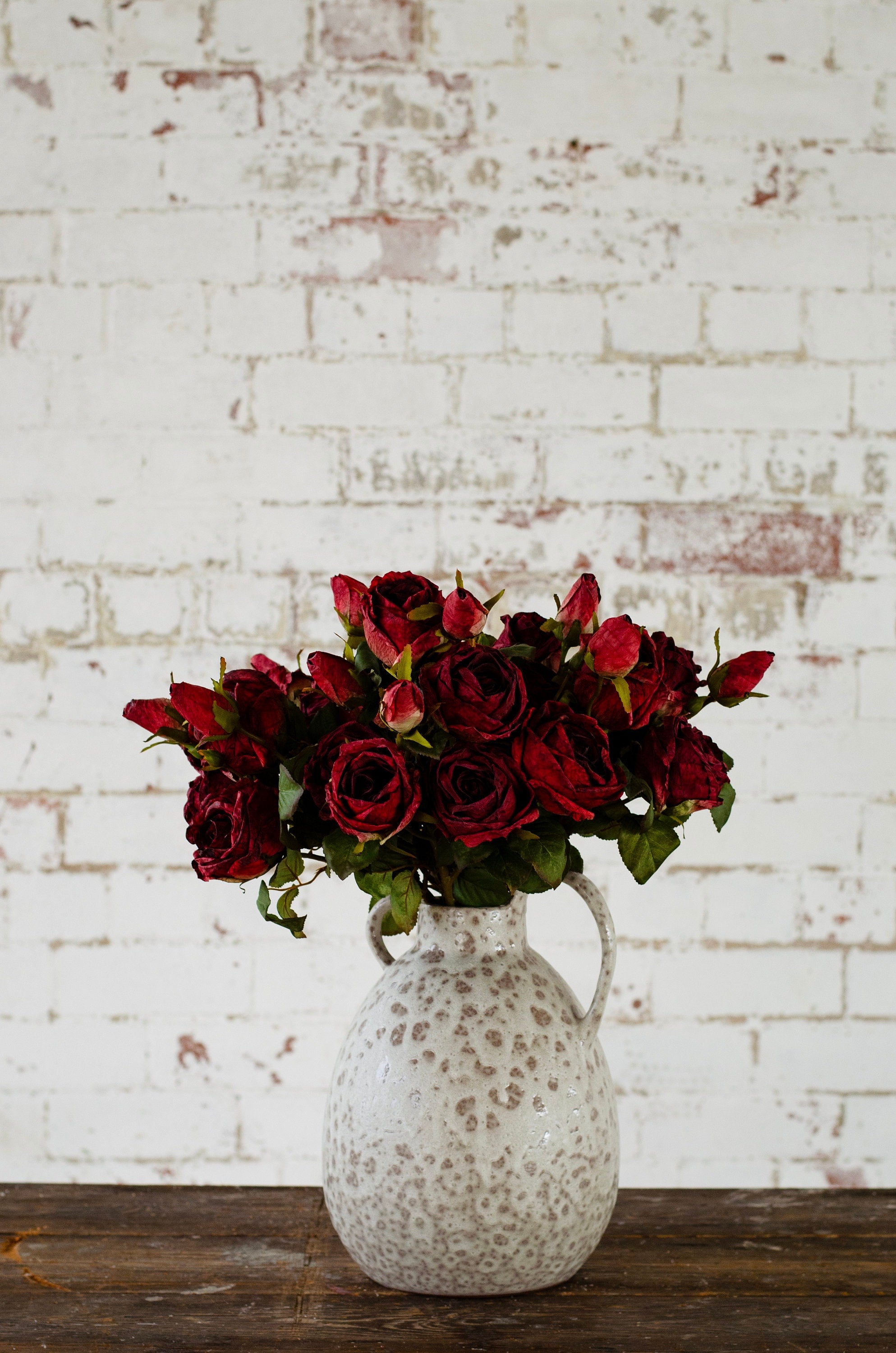 Dry look red rose spray, single stem faux red rose