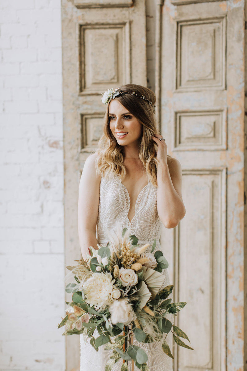 Cream, green and gold faux flower wedding bouquet 