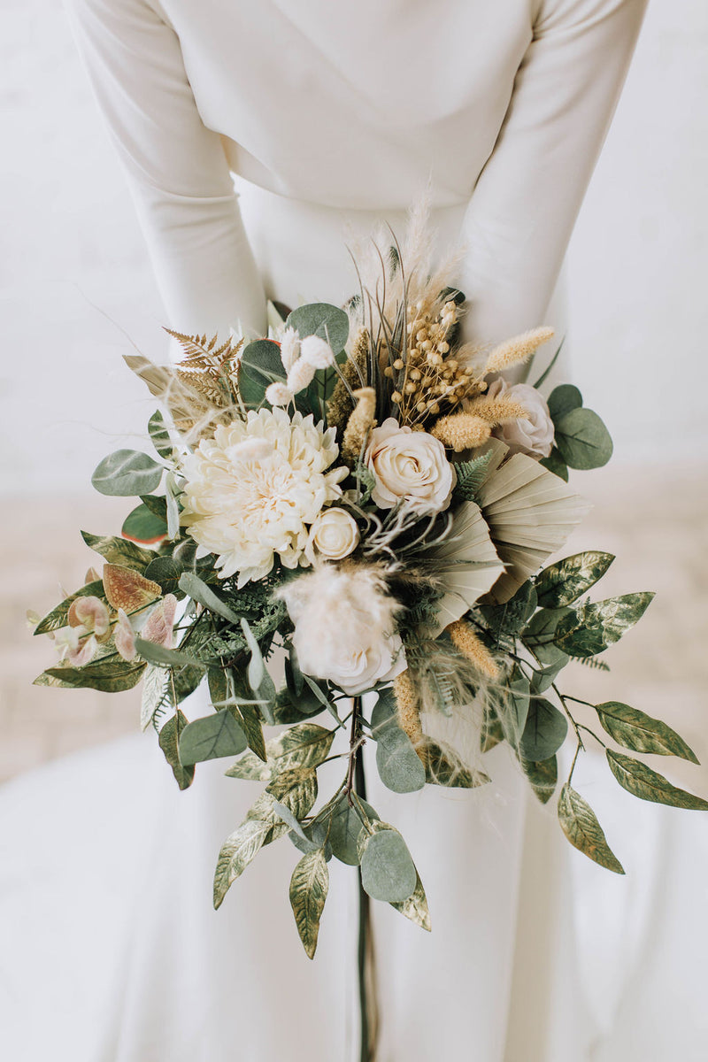 Closer look at Innocent Chaos Green, Gold and Ivory artificial wedding bouquet 